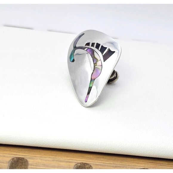 Alpaca Silver Screw Back Earring Abalone Inlay Swordfish Upcycle Craft - Picture 13 of 15